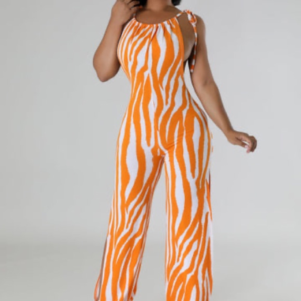 Vibrant Orange and White Striped Jumpsuit